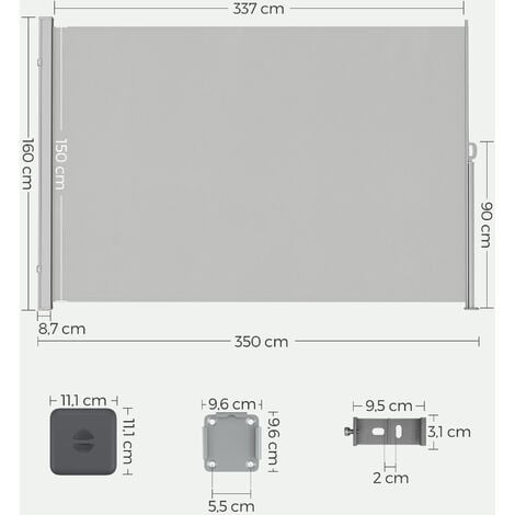 Store Latéral avec Caisson en Acier, Antirouille, Rétractable, 160 x 350 cm, Brise-vue, Protection Solaire, Opaque, Brise-vent, pour Balcon, Terrasse, Jardin, Gris Clair