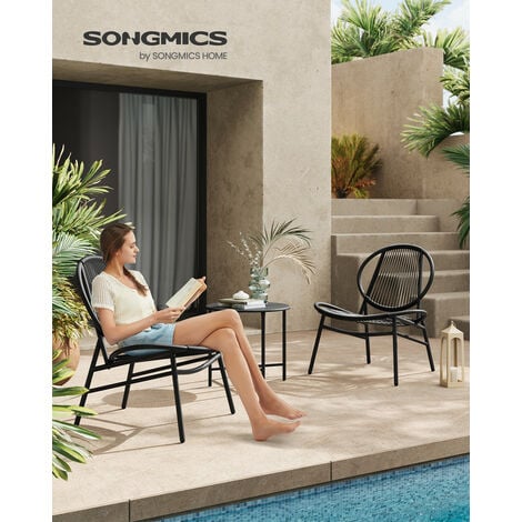 SONGMICS Ensemble Salon de Jardin, 3 Pièces, Chaises Acapulco, Salon d’Extérieur, Table d’Appoint et 2 Chaises, Ensemble de Mobilier d’Intérieur et d’Extérieur, Balcon, Noir d'Encre