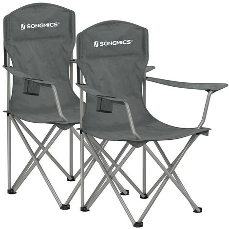 SONGMICS Chaise Pliante Camping, Lot de 2, Chaise de Pêche Extérieur, Dossier Haut, Accoudoir, Porte-gobelet, Portable, Capacité 150 kg, Camping, Jardin, Pêche, Terrasse, Gris Ardoise