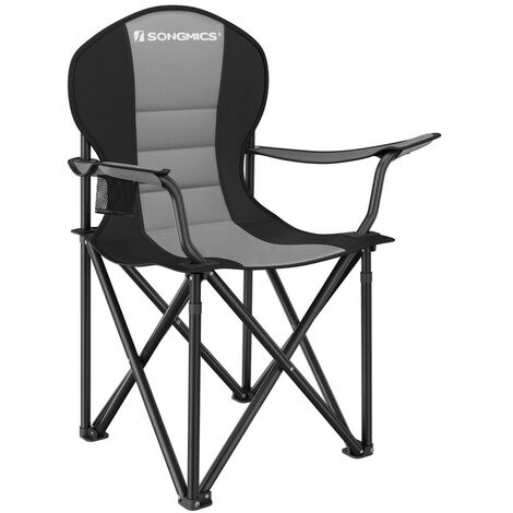 SONGMICS Chaise Camping Pliante, avec Assise Confortable en Éponge, Porte-gobelet, Structure Solide, Charge Max. de 250 kg, Chaise Pique-Nique pour l’Extérieur, Gris et Noir