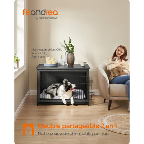 Feandrea Cage pour Chiens, Table d’Appoint, Niche Moderne pour Chiens Jusqu’à 32 kg, Cage pour Chiots, Plateau Amovible, Maisonnette pour Animaux, 2 Portes, Noir