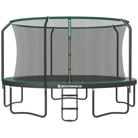 SONGMICS Trampoline Ø 427 cm pour Enfants, Filet de Protection, Poteau de 180 cm de Haut, Coussin de Sécurité, Échelle, Cadre en Acier, Certificat TÜV Rheinland GS, Noir et Vert Foncé