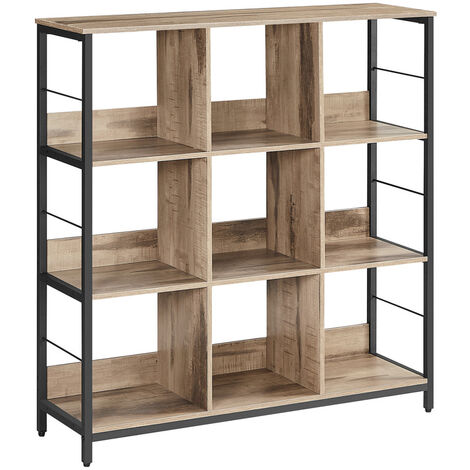 VASAGLE Meuble de Rangement 3 Niveaux, Étagère Rangement, Bibliothèque Style Industriel, 9 Cubes, pour Salon, Bureau, Entrée, Cuisine, 30 x 100 x 103,1 cm, Marron Camel et Noir d'Encre