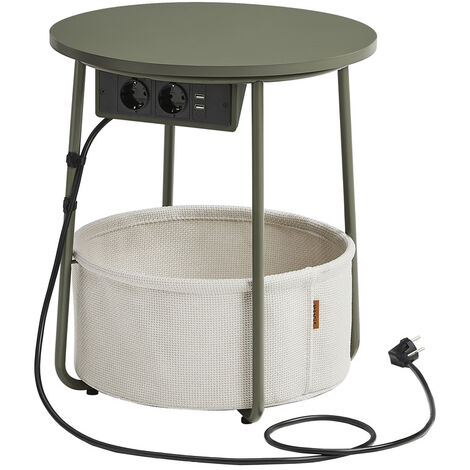 Vasagle – Table basse ronde avec multiprise et ports USB – Dimensions 45 x 50 cm – Panier en tissu polyester – Vert forêt et blanc crème