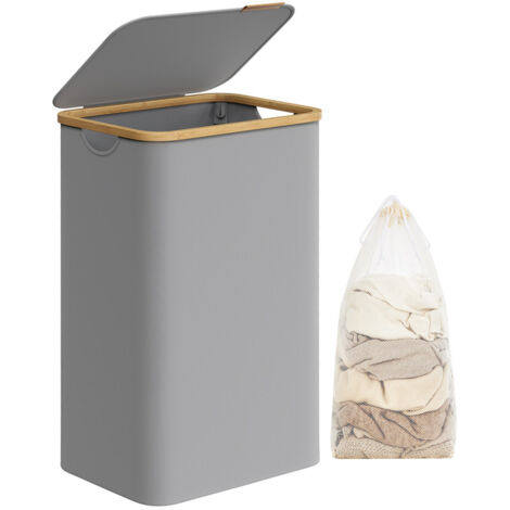 Songmics – Panier à linge mince 90L – Tissu Oxford 600D – Doublure amovible – Dimensions 42 x 32 x 70,5 cm – Poignée en bambou – Pliable, gris tourterelle