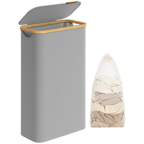 Songmics – Panier à linge mince 65L – Tissu Oxford 600D – Doublure amovible en maille – Dimensions 42 x 22,5 x 70,5 cm – Poignées en bambou