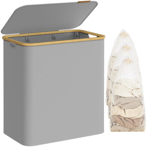 Songmics – Panier à linge pliable 150L – 3 compartiments avec couvercle – Tissu Oxford résistant à l'eau – Dimensions 60 x 38,5 x 70,5 cm – Poignées en bambou