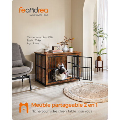 Feandrea Meuble Cage Pour Chien, Table d’Appoint, Niche Moderne pour Chiens jusqu’à 32 kg, Cage Solide pour Chien avec Fond Plein, Maison de Chien à Double Porte, Marron Rustique