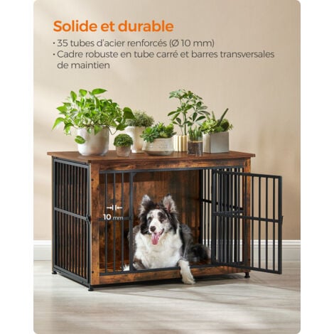 Feandrea Meuble Cage Pour Chien, Table d’Appoint, Niche Moderne pour Chiens jusqu’à 32 kg, Cage Solide pour Chien avec Fond Plein, Maison de Chien à Double Porte, Marron Rustique