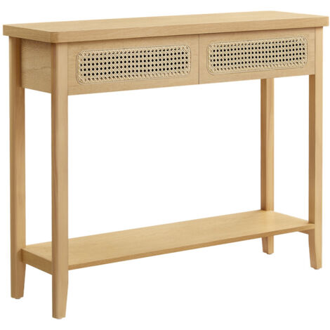 Vasagle – Table console pour couloir 30x100x80 cm – 2 tiroirs en rotin PVC – Étageres ouvertes – Style bohème chêne beige – Résistante à l'eau
