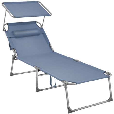 SONGMICS Bain de Soleil Grand, Chaise Longue Pliable, Transat, 71 x 200 x 38 cm, Capacité de Charge 150 kg, avec Pare-soleil, Dossier Inclinable, pour Jardin, Piscine, Terrasse, Bleu