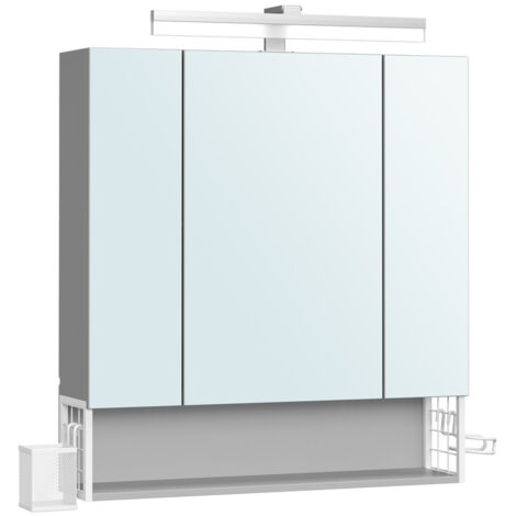 Vasagle – Armoire murale de salle de bain 3 portes avec miroir – Multiprise intégrée – Panier suspendu et support pour sèche-cheveux – Blanc nuage et gris tourterelle – 16,5 x 70 x 75 cm