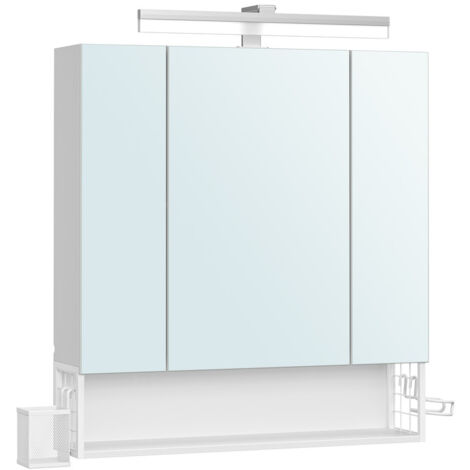 Vasagle – Armoire murale de salle de bain 3 portes avec miroir – Multiprise, panier suspendu, support pour sèche-cheveux – Blanc nuage 70x75cm