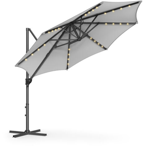 SONGMICS Parasol de Jardin 300 cm, 28 LED Solaires, UPF 50+, Parasol d’Extérieur, Parasol de Terrasse, Pivotant à 360°, Inclinaison Fluide, Manivelle, avec Base en Croix, Gris Tourterelle