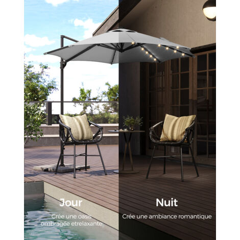 Parasol Déporté SONGMICS 3m - 28 LED Solaires - Pivotant 360° - UPF50+ - Gris - Base Incluse