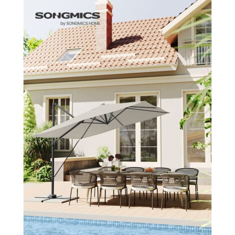 SONGMICS Parasol de Jardin Déporté 270 x 270 cm, UPF 50+ Parasol d’extérieur, Parasol de Terrasse, Pivotant à 360°, Inclinaison, avec Manivelle, Base en Croix, Blanc Crème