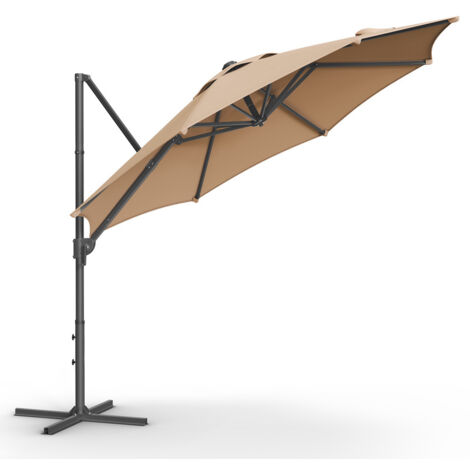 SONGMICS Parasol de Jardin 300 cm, UPF 50+, Parasol d’Extérieur, Parasol de Terrasse, Pivotant à 360°, Inclinaison Fluide, Manivelle, avec Base en Croix, Marron Camel