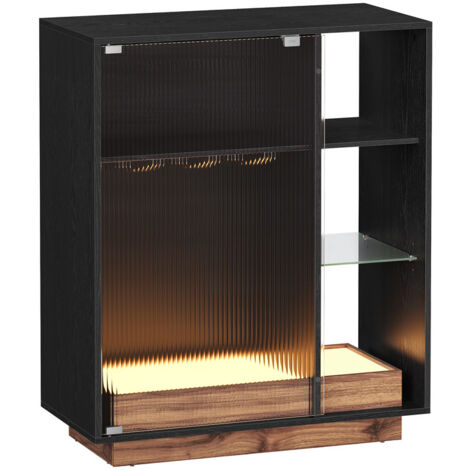 Vasagle – Meuble bar à vin noir boisé avec éclairage LED – Rangement pour bouteilles et verres – Porte en verre cannelé – Dimensions 42x88x105 cm