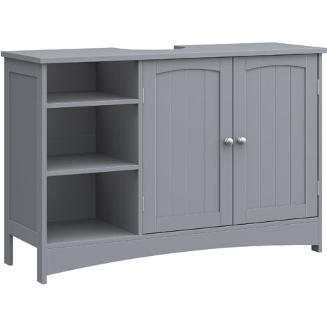 VASAGLE Meuble sous Lavabo, Placard sous Vasque, Meuble de Salle de Bain, Long, 30 x 90 x 60 cm, 2 Portes, Armoire de Rangement, Casiers Ouverts, Étagères Réglables, Gris Tourterelle