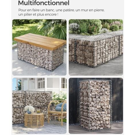 Gabion pour Pierre, 100 x 50 x 50cm, cloture gabion, Cage en Métal, Panier à Pierre, Maille 5 x 10 cm, Galvanisé, Mur, Paterre, Décoration de Jardin, Argent GGB155