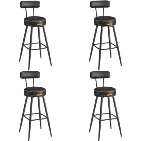 Tabouret de Bar, Lot de 4, Chaise de Cuisine, Siège Rembourré, PU avec Coutures, Style Moderne Mi-siècle, Hauteur 76 cm, pour Cuisine, Bar, Noir