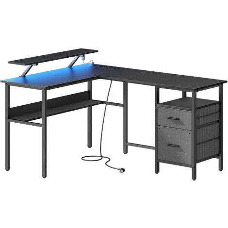 Vasagle – Bureau d'angle en L avec éclairage LED – 4 prises CA et 2 ports USB – Support pour écran ajustable – 2 tiroirs – Noir 120x150x76cm
