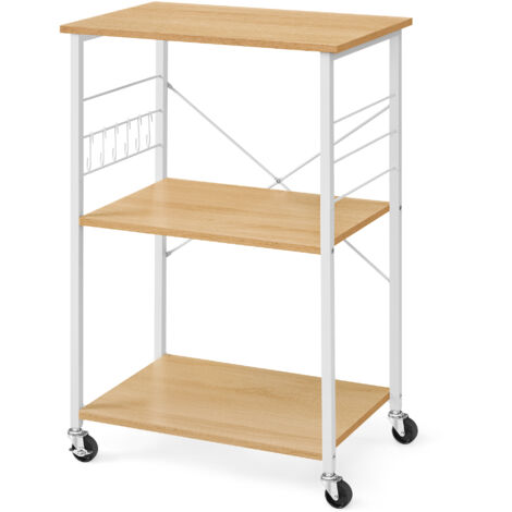 Vasagle – Desserte de cuisine à roulettes 40x60x89cm – Chariot 3 niveaux avec 6 crochets – Support micro-ondes, four, grille-pain – Métal doré chêne, blanc nuage