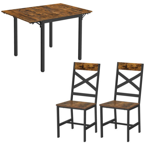VASAGLE Ensemble de Table Extensible et 2 Chaises, Table de Salle à Manger Pliable, Rectangulaire, avec Abattants, Style Industriel, pour Petits Espaces, Salon, Marron Rustique et Noir (1/5)