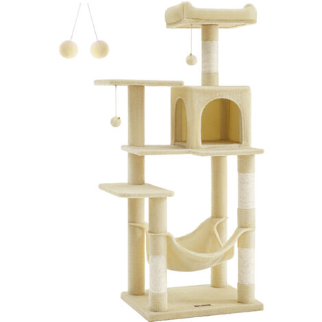 Feandrea Arbre à Chat Hauteur 143 cm, Tour de Jeux pour Chats, avec 4 Poteaux à Griffer, 2 Plateformes, 1 Niche, 1 Hamac, 2 Pompons, en Tissu Peluche, Multi-niveaux, Beige (1/5)