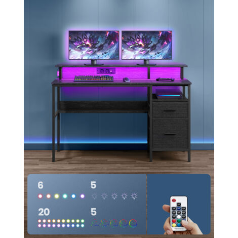 Bureau Gaming avec LED et Multiprise, Bureau Informatique avec Rehausseur d'Écran, 60 x 120 x 75 cm, Noir Boisé | Leroy Merlin