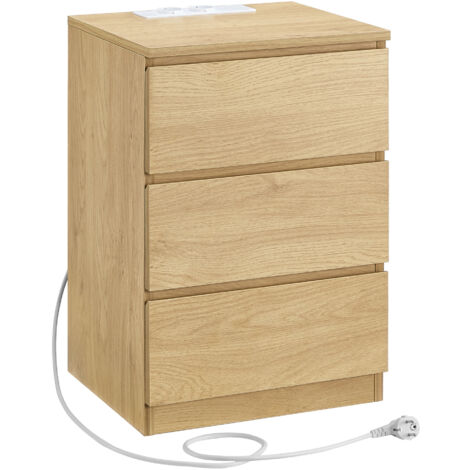 Vasagle – Table de chevet jaune paille avec multiprise – 3 tiroirs – 2 prises CA et 2 ports USB – Panneau d’aggloméré robuste – Dimensions 35x40x59 cm