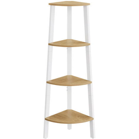 Vasagle – Étagère d'angle 4 niveaux – Cadre en acier – Couleur chêne naturel et blanc mat – Charge maximale 5 kg par niveau – Meuble de rangement pour salon