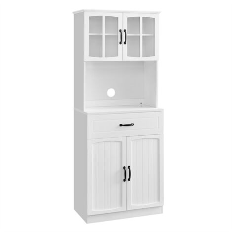 VASAGLE Haut Placard de Cuisine, Garde-Manger, Meuble de Rangement, avec Portes en Verre et Étagères Réglables, Trou de Passage des Câbles, pour Micro-ondes, Style Moderne, Blanc