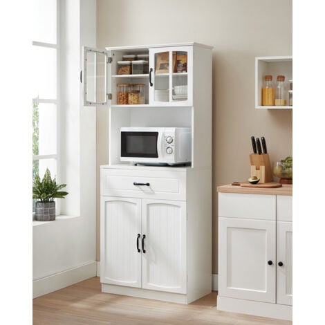 VASAGLE Haut Placard de Cuisine, Garde-Manger, Meuble de Rangement, avec Portes en Verre et Étagères Réglables, Trou de Passage des Câbles, pour Micro-ondes, Style Moderne, Blanc