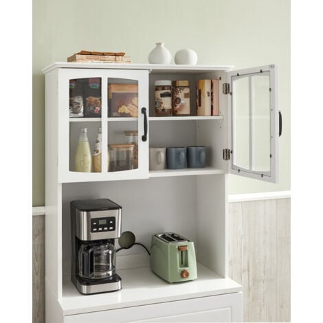 VASAGLE Haut Placard de Cuisine, Garde-Manger, Meuble de Rangement, avec Portes en Verre et Étagères Réglables, Trou de Passage des Câbles, pour Micro-ondes, Style Moderne, Blanc