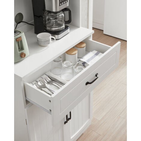 VASAGLE Haut Placard de Cuisine, Garde-Manger, Meuble de Rangement, avec Portes en Verre et Étagères Réglables, Trou de Passage des Câbles, pour Micro-ondes, Style Moderne, Blanc