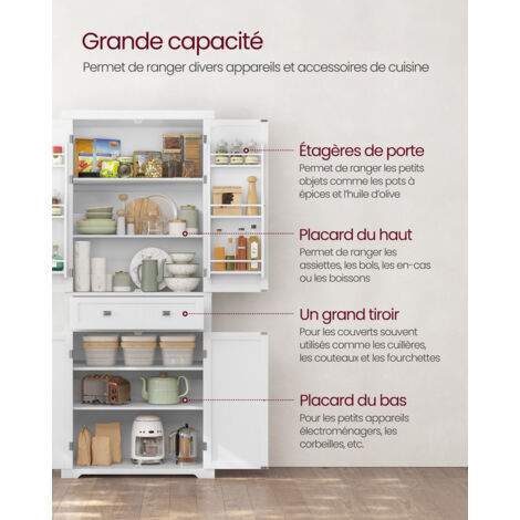 VASAGLE Grand Placard de Cuisine, Meuble de Rangement de 182,1 cm de Haut, Armoire, avec un Tiroir, 4 Planches Réglables, 6 Étagères de Porte, pour Salon, Cuisine, Blanc