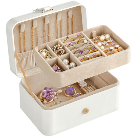 SONGMICS Boîte à Bijoux de Voyage, Petit Écrin à accessoires, Rangement Bijoux à 2 Niveaux, Portable, 11 x 16 x 8 cm, Blanc Nuage