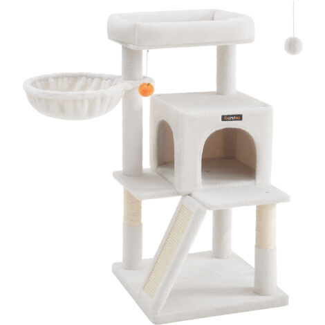 Feandrea – Arbre à chat 96 cm avec grande plate-forme – Panneaux d’aggloméré et tissu peluche – Niche à 2 portes et planche à griffer – Pour jusqu'à 3 chats (1/5)