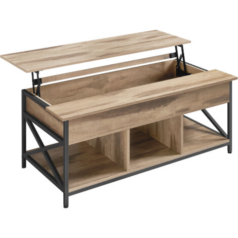 Vasagle – Table basse relevable avec rangement ouvert – Compartiment caché – Acier noir et panneau aggloméré marron – 60 x 120 x (48-62) cm
