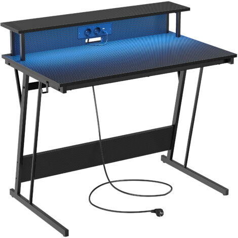 VASAGLE Bureau Gaming avec LED et Multiprise, Table Gamer, Bureau Informatique avec Rehausseur d’Écran, pour 2 Ordinateurs, pour Chambre, 60 x 100 x 76 cm, Noir Carbone