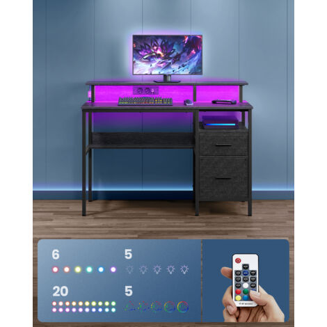 Vasagle - Bureau gaming noir avec éclairage LED - 2 ports USB - Support