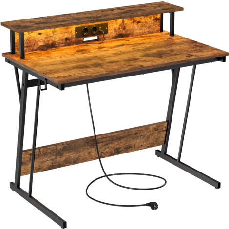 Vasagle – Bureau gamer avec LED et multiprise – Rehausseur d'écran pour 2 ordinateurs – Dimensions 60 x 100 x 76 cm – Acier et aggloméré marron rustique