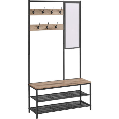 Vasagle – Meuble d'entrée 4-en-1 avec miroir, banc et étagères – Dimensions 35 x 98 x 180 cm – Design industriel marron camel et noir