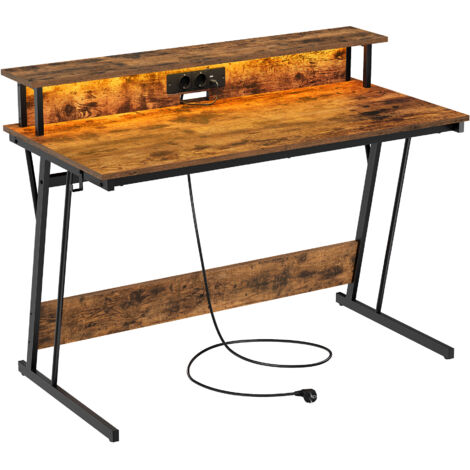 Vasagle – Bureau gamer avec LED et multiprise – Rehausseur d'écran pour 2 ordinateurs – Dimensions 60 x 120 x 76 cm – Acier et aggloméré marron rustique (1/5)