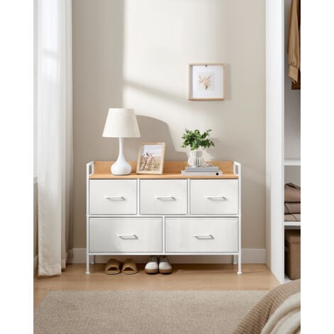 SONGMICS Commode de Chambre, 5 Tiroirs en Tissu avec Poignées, Meuble de Rangement, pour Salon, Entrée, Cadre en Acier, Blanc Nuage et Beige Chêne