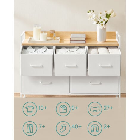 SONGMICS Commode de Chambre, 5 Tiroirs en Tissu avec Poignées, Meuble de Rangement, pour Salon, Entrée, Cadre en Acier, Blanc Nuage et Beige Chêne