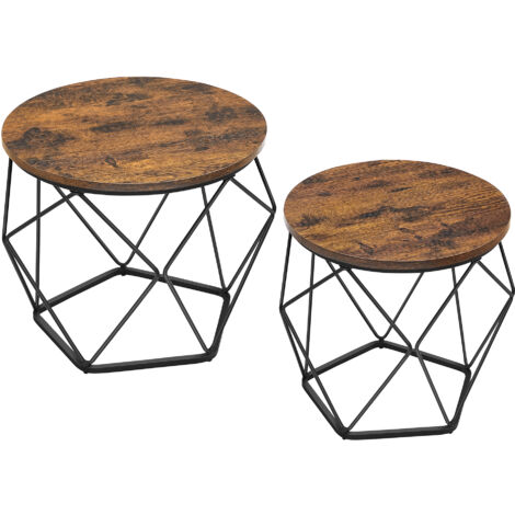 Vasagle – Lot de 2 tables basses rondes – Plateau amovible en aggloméré marron rustique – Cadre en acier noir – Dimensions 60x45cm et 50x40cm (1/5)