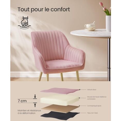 SONGMICS Chaise Salle à Manger, Chaise de Cuisine, Fauteuil en Velours, Rembourrée, avec Accoudoirs, Charge Max. 120 kg, Pieds en Métal, pour Salle à Manger, Rose Bonbon et Doré Clair