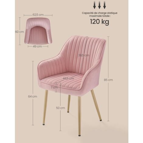 SONGMICS Chaise Salle à Manger, Chaise de Cuisine, Fauteuil en Velours, Rembourrée, avec Accoudoirs, Charge Max. 120 kg, Pieds en Métal, pour Salle à Manger, Rose Bonbon et Doré Clair